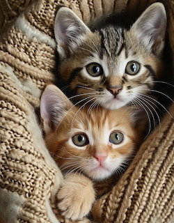 Two young tabby kittens with large eyes cuddled on a beige knitted blanket