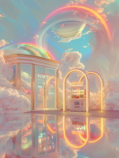 Fantasy architecture with golden arches, rainbows, and pastel clouds reflected in water
