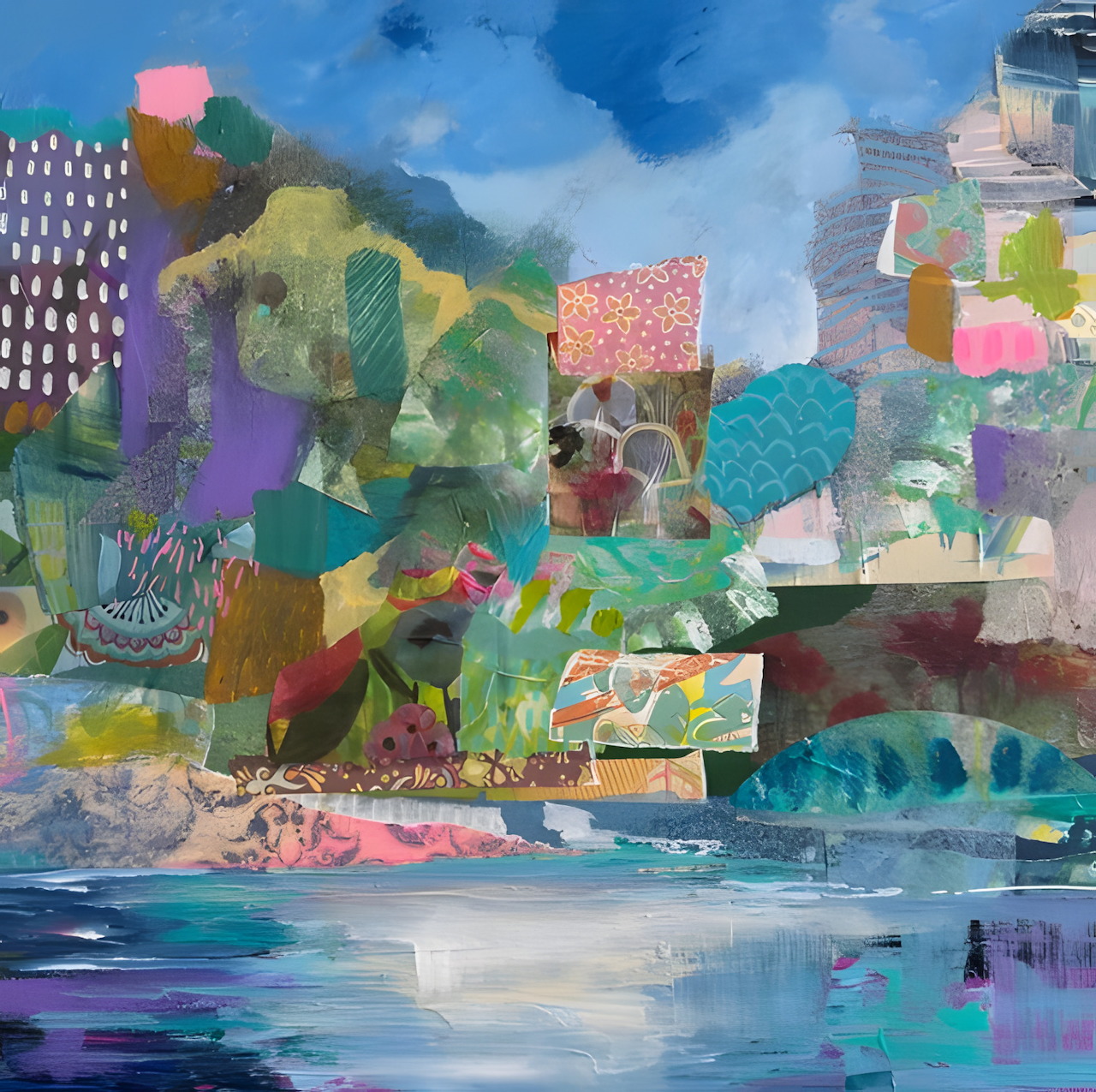 Abstract painting of a coastal hillside with buildings, trees, and blue water
