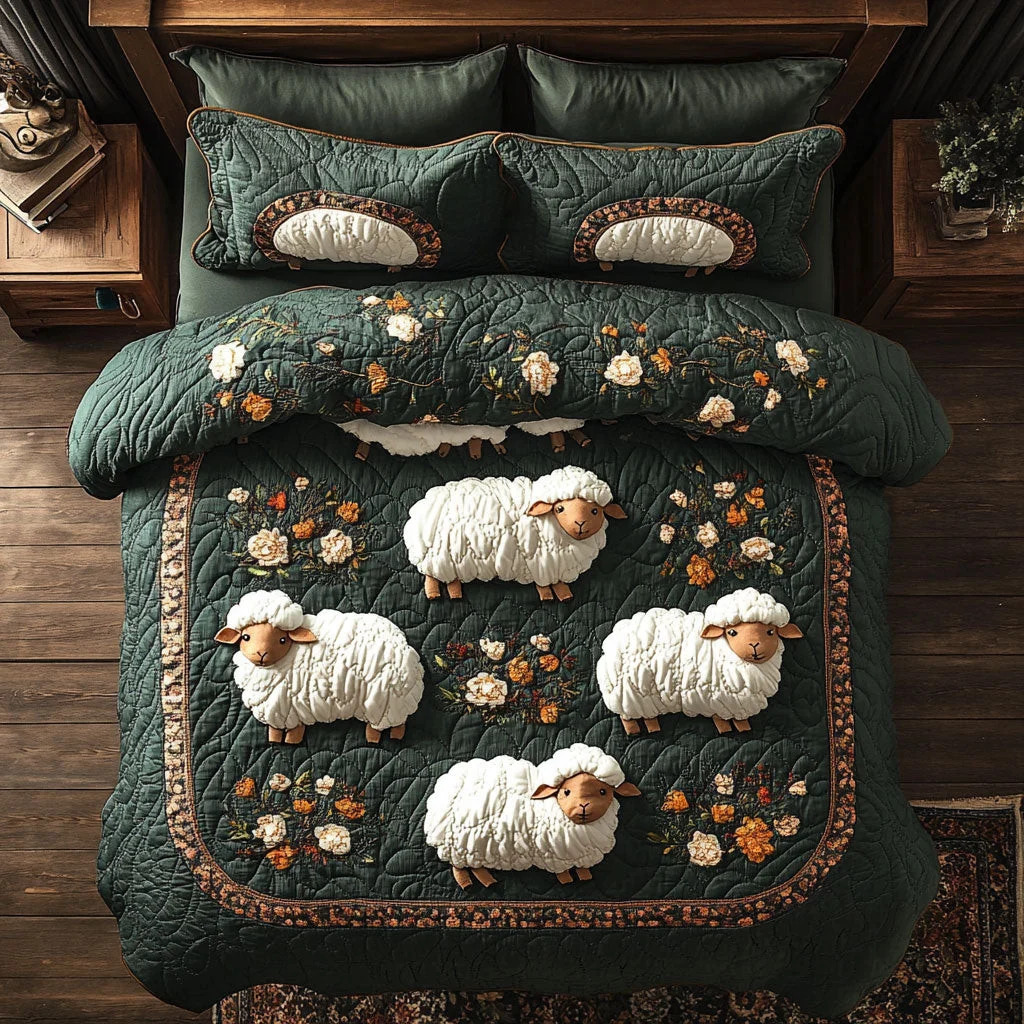 Bed with a dark quilt decorated with white sheep and small flowers