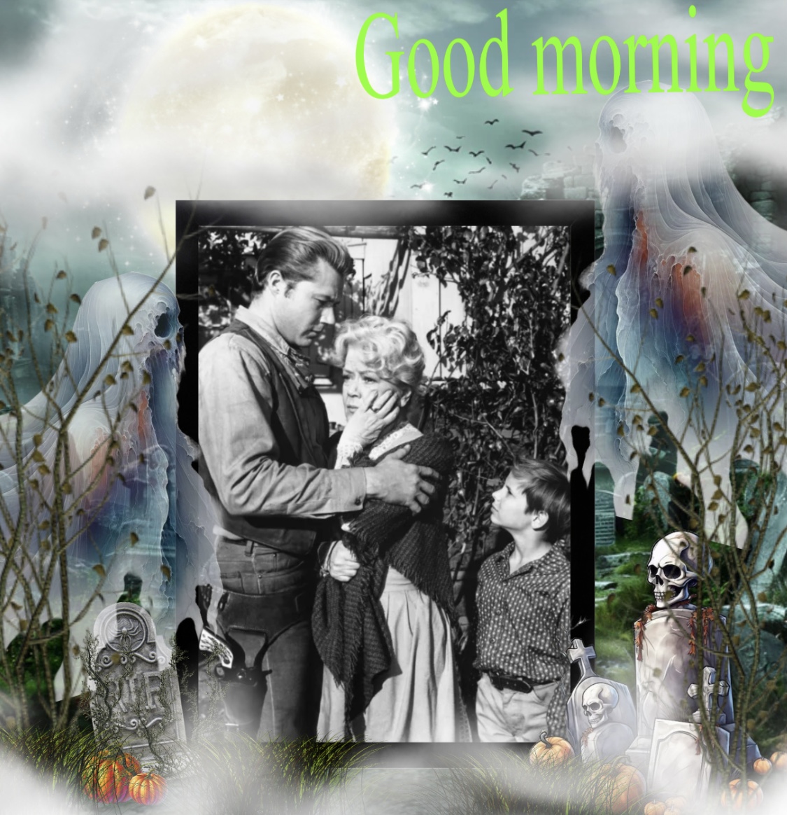 Black-and-white family photo in a misty graveyard collage with ghosts, pumpkins, and Good morning text