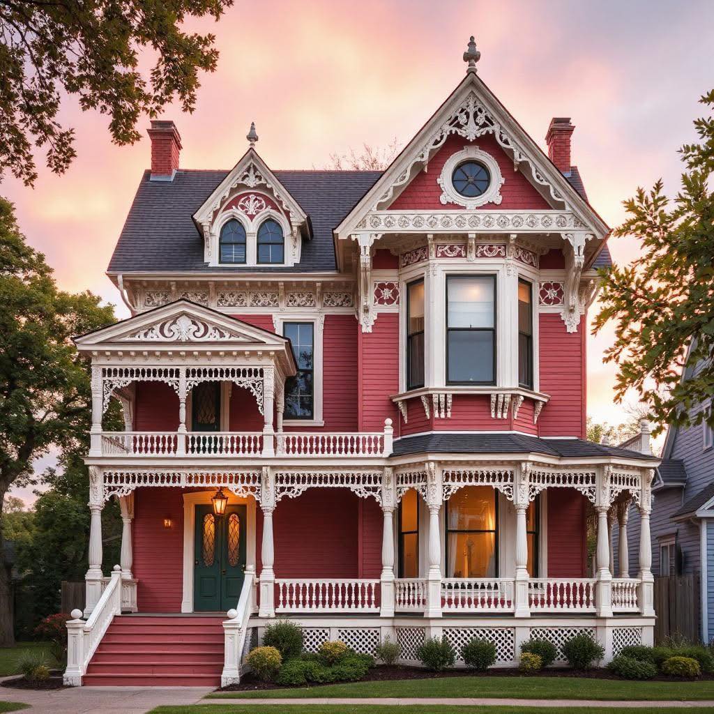 Pink Victorian mansion with ornate white trim and turret against sunset sky
