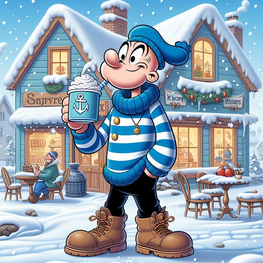 Popeye in striped sweater and sailor hat holding mug in snowy village scene with cottage and Christmas lights