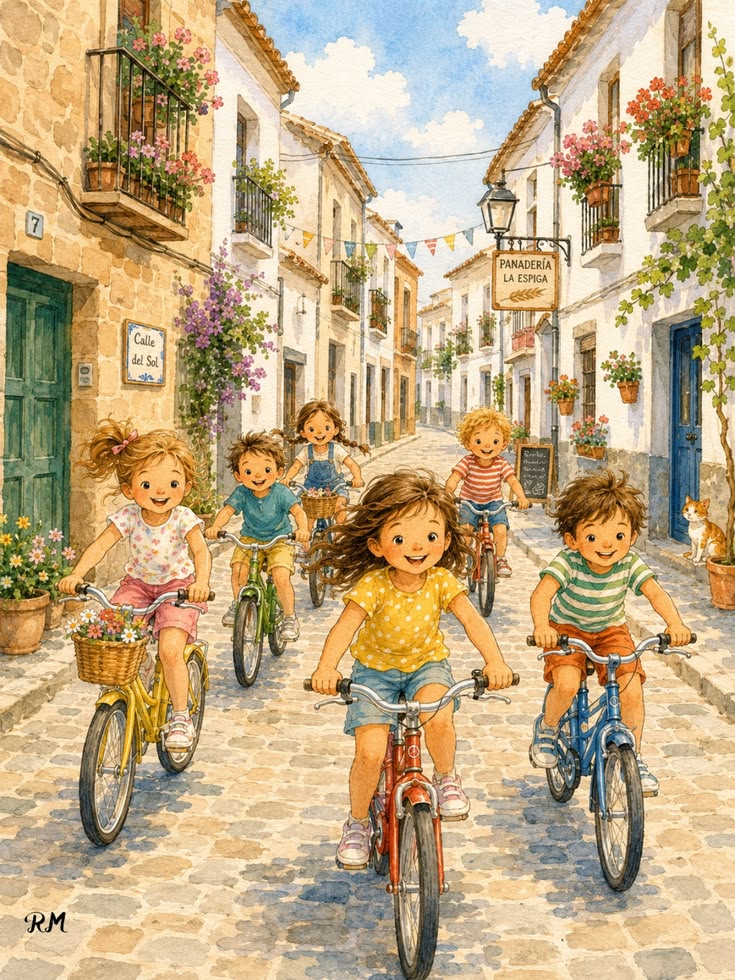 Illustration of children riding bicycles down a sunny cobblestone village street