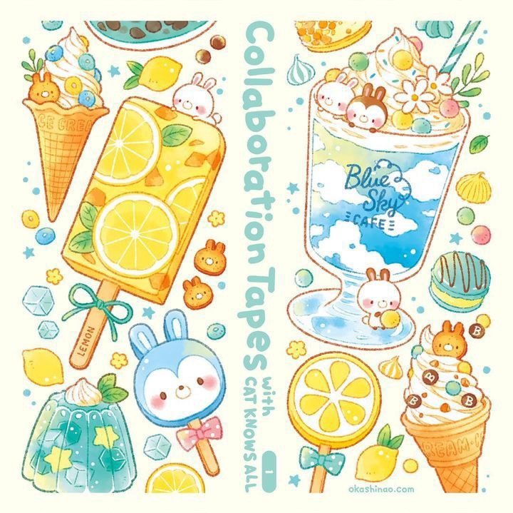 Kawaii illustration of summer lemon drinks, ice cream, popsicles, and cute bunnies in pastel colors