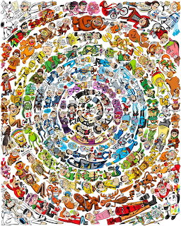 Spiral collage of many colorful cartoon characters and figures arranged in a swirling vortex pattern