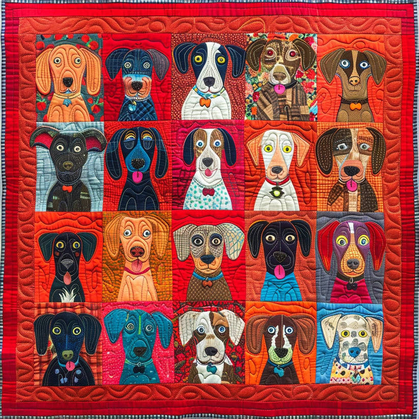 Colorful quilt with 20 stylized dog portraits in grid pattern with red border