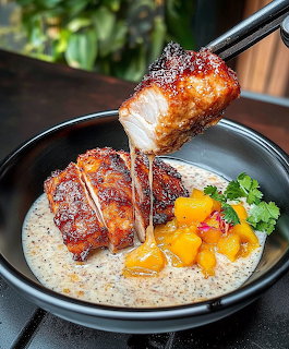 Glazed chicken with mango salsa and creamy sauce in a dark bowl, garnished with cilantro
