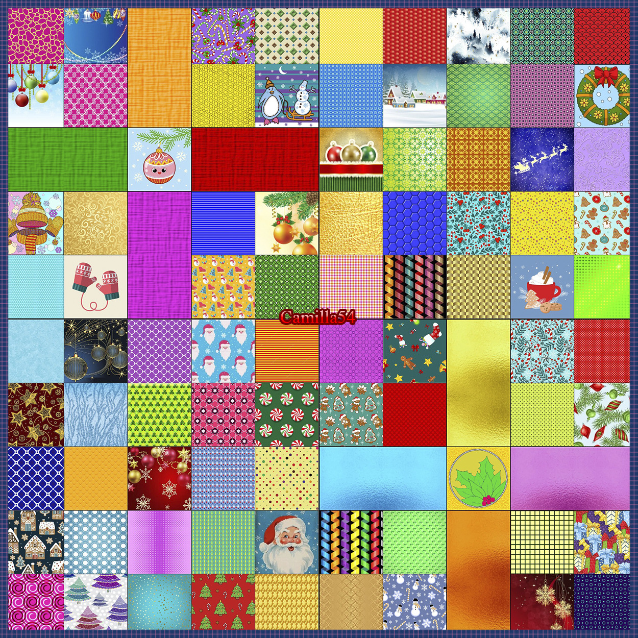 Colorful patchwork grid of Christmas fabric squares with Santa, snowflakes, ornaments, and holiday patterns