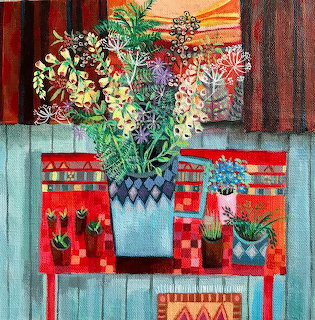 Colorful painting of flowers in ornate vase on red patterned table with curtains
