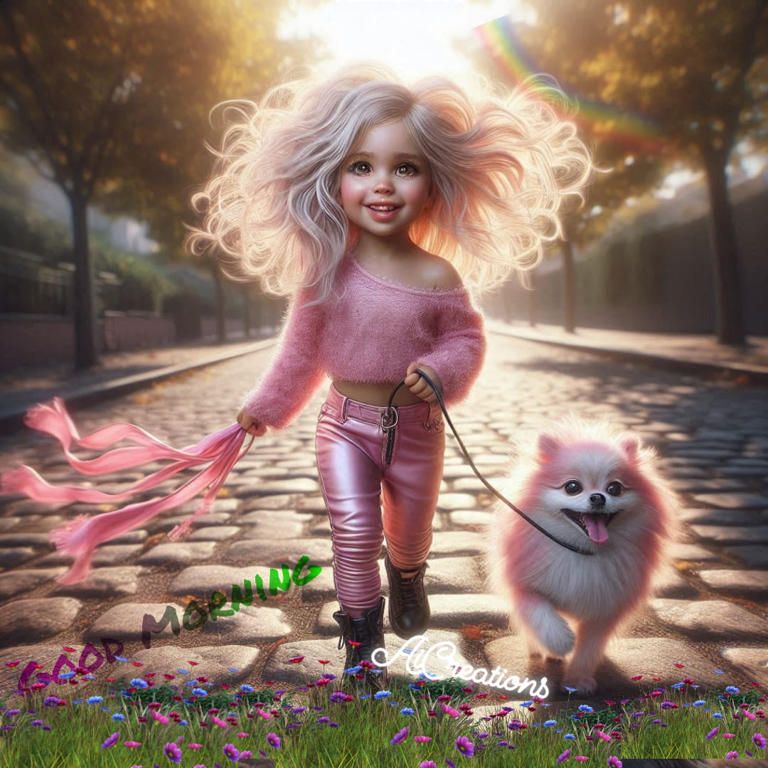 Illustrated curly-haired girl walking a fluffy white dog on a sunlit cobblestone street
