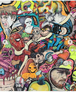 Colorful illustrated collage of comic-style characters, faces, and creatures packed tightly together