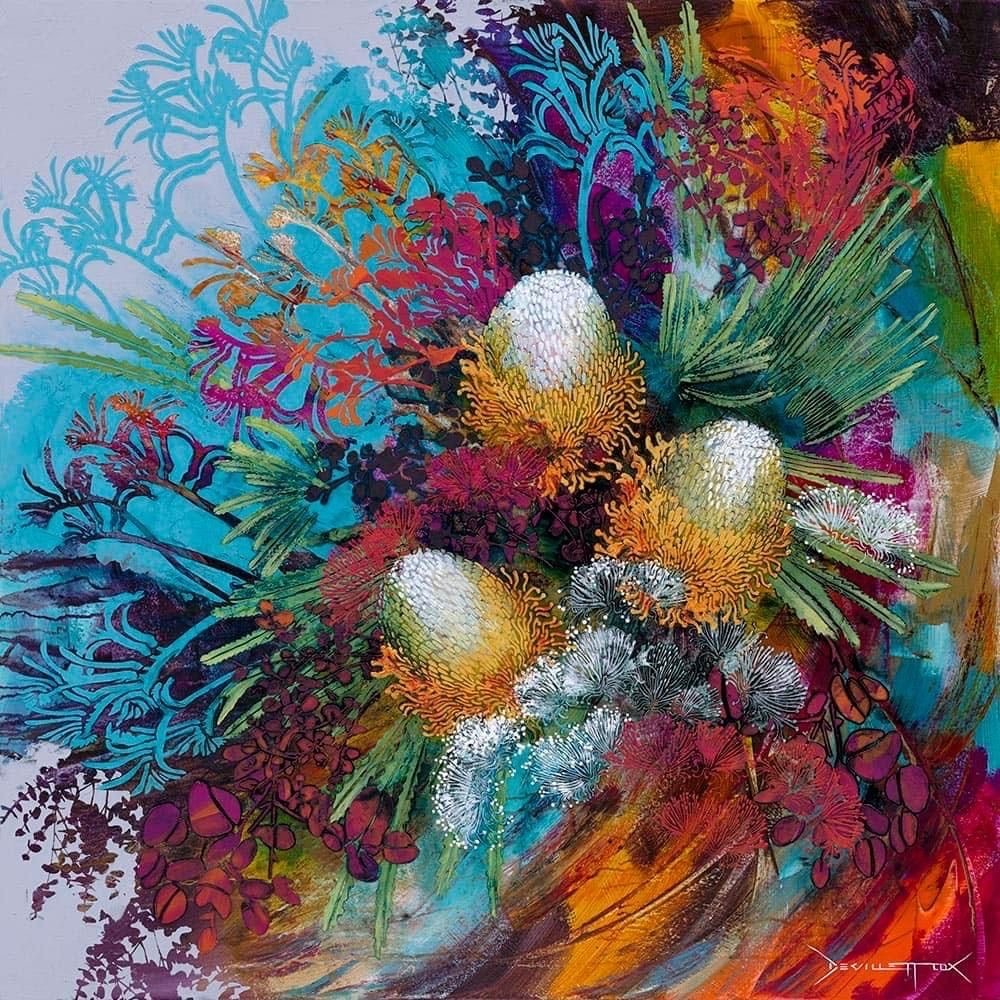 Abstract colorful floral arrangement with textured spheres and organic shapes in vibrant blues, oranges, and pinks