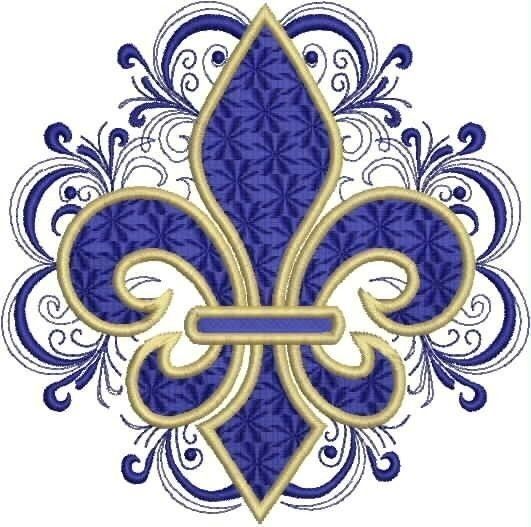Blue and gold fleur-de-lis symbol with ornate decorative swirls on a light background