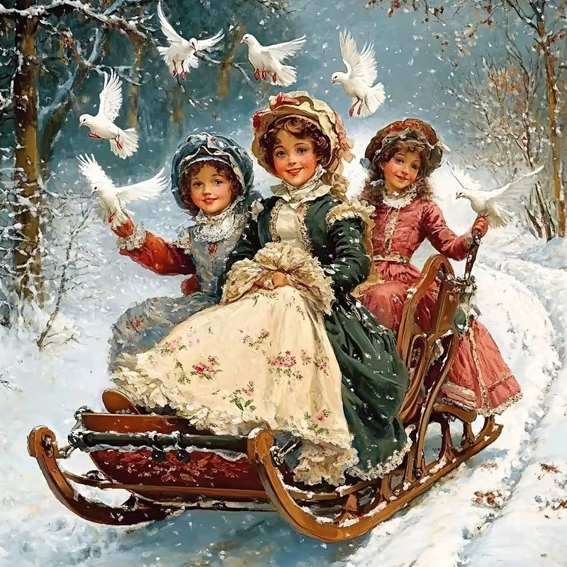 Vintage painting of three girls on a wooden sled in the snow with white doves flying nearby