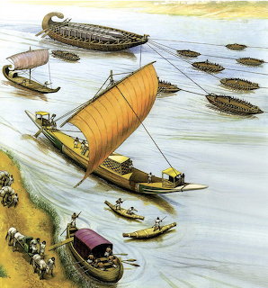 Illustration of ancient Egyptian boats sailing on the Nile River with cargo vessels and riverbank activity