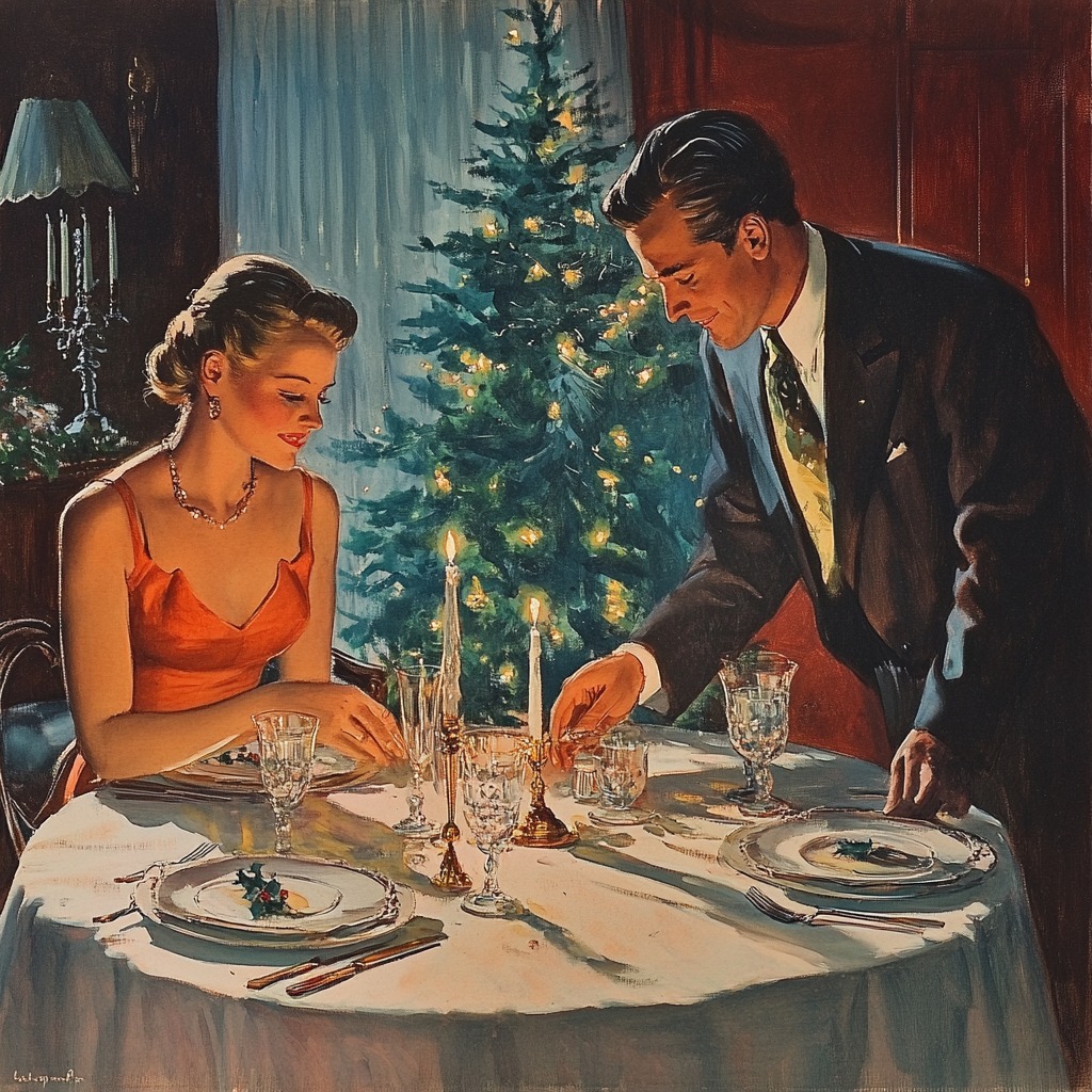 Vintage illustration of well-dressed couple preparing Christmas dinner table with lit tree behind them