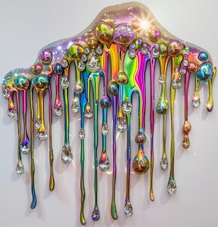 Metallic rainbow liquid dripping with iridescent bubbles forming colorful streams