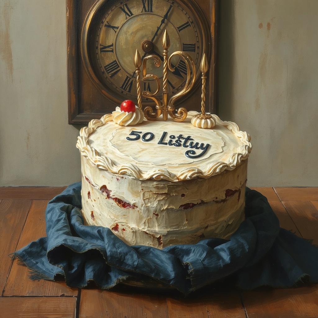 Frosted birthday cake with a gold 50 topper on blue cloth before an antique clock
