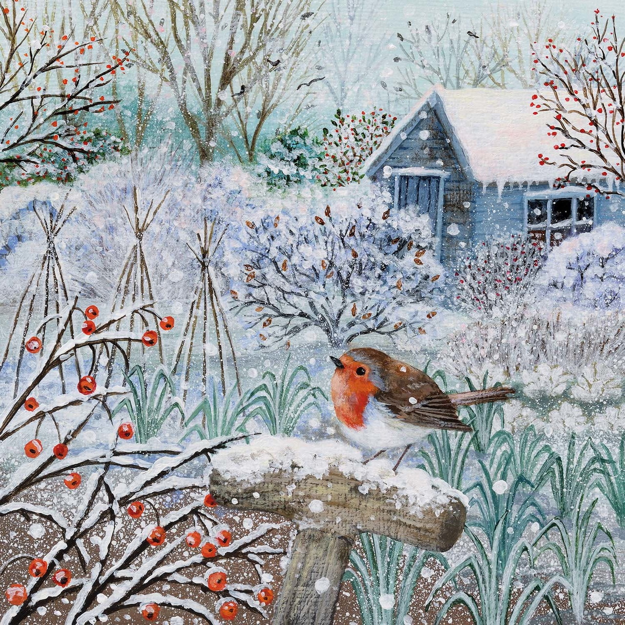 Robin on a snowy wooden post in a winter garden with red berries and a cottage