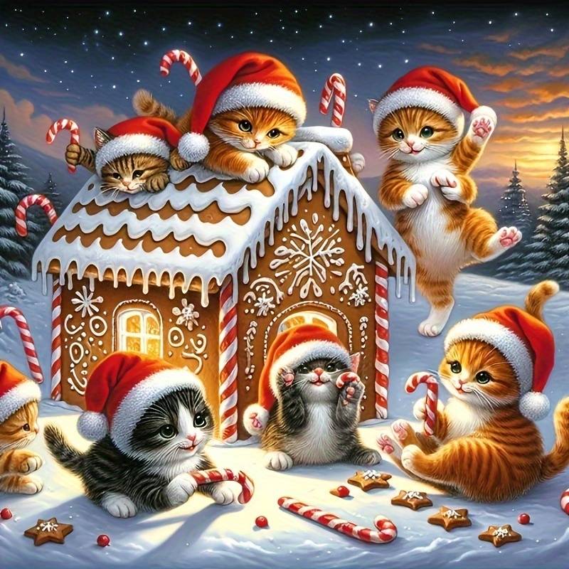Playful kittens wearing Santa hats gathered around a gingerbread house in a snowy Christmas scene
