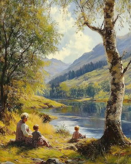 Painting of a woman and child sitting by a lake with birch trees and green mountains in the background