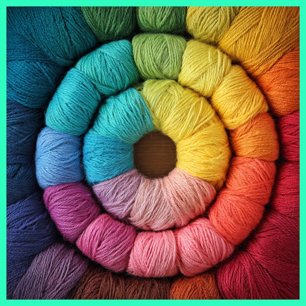 Rainbow spiral of colorful yarn skeins arranged in a color wheel pattern