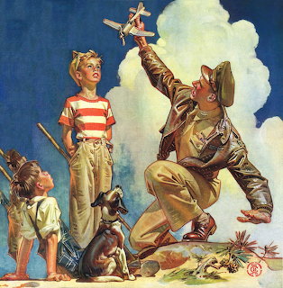 Vintage painting of a pilot with two children and a toy airplane under a cloudy sky