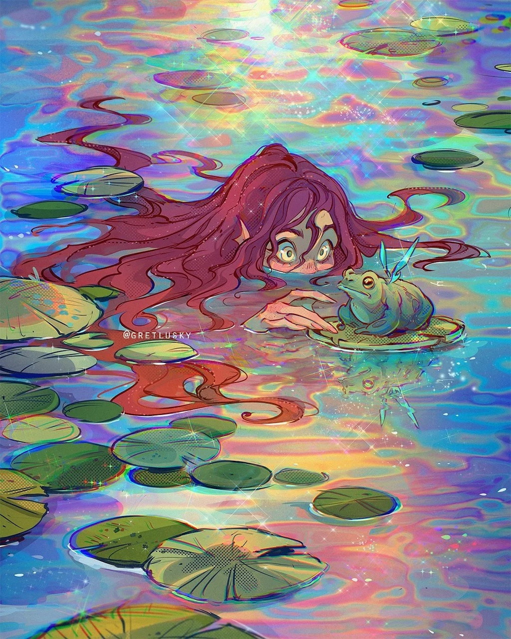 Illustration of a girl with a glowing fantasy water creature in colorful enchanted waters