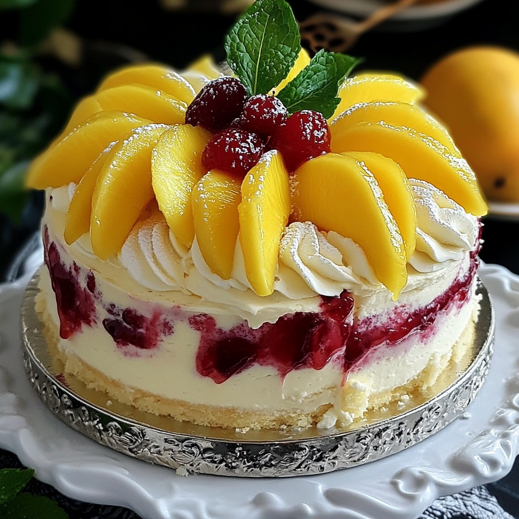 Charlotte cake topped with arranged mango slices, fresh cherries, whipped cream rosettes, and mint leaves