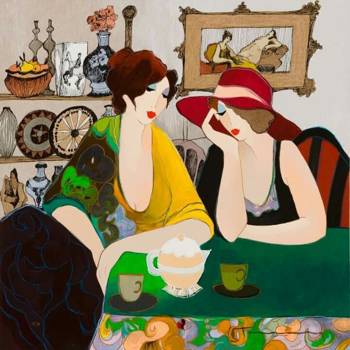 Painting of two women at a cafe table with coffee cups and decorative objects on shelves behind them