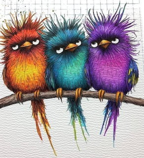 Three whimsical watercolor birds in orange, turquoise, and purple sitting on a branch