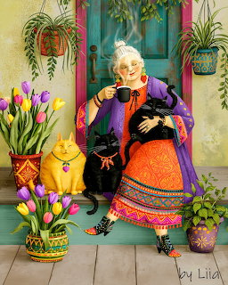 Illustration of an elderly woman with three cats, surrounded by tulips and potted plants by a blue door.