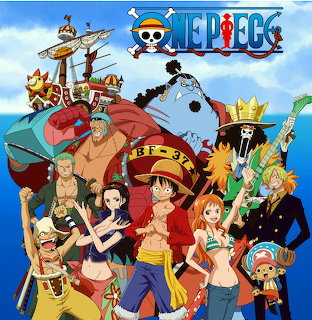 One Piece anime characters posing together in front of a pirate ship