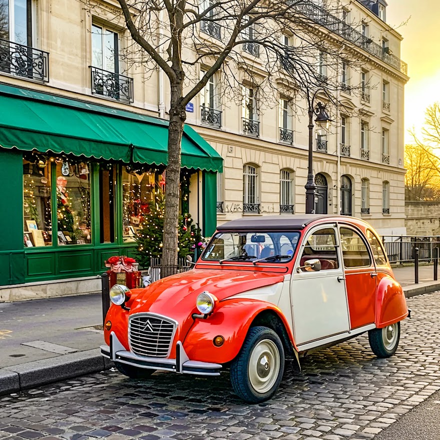 Vintage red and white Citroën 2CV car parked on cobblestone street in Paris with classic architecture behind