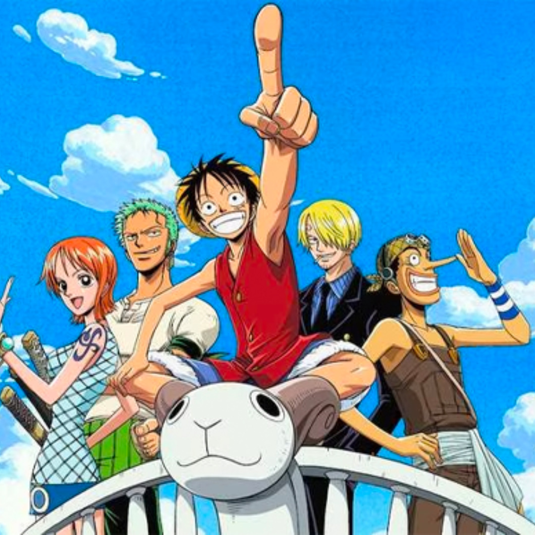 Anime characters from One Piece Straw Hat crew posing together against blue sky