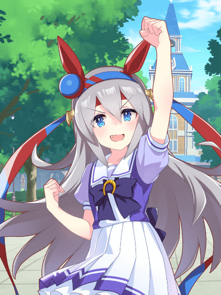 Anime horse-girl character Tamamo Cross in colorful Umamusume card illustration