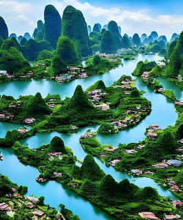 Aerial view of karst mountains and turquoise river winding through green valley with houses