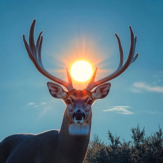 Silhouette of a buck deer with large antlers against a setting sun and blue sky