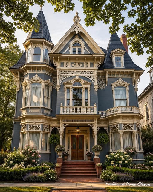 Blue Victorian house with tower, ornate white trim, front balcony, and steps leading to entrance