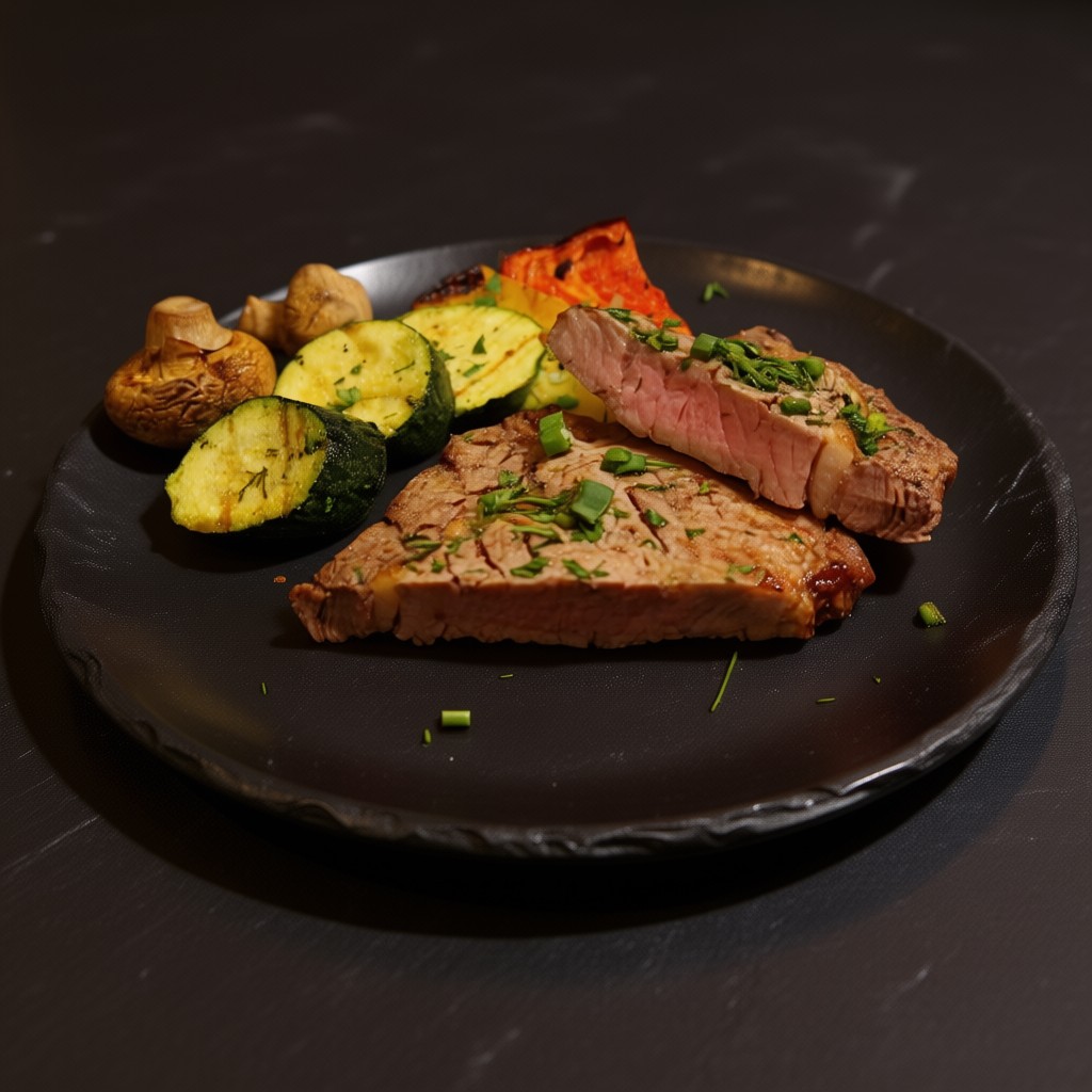Grilled steak with roasted potatoes, zucchini and tomato on black plate