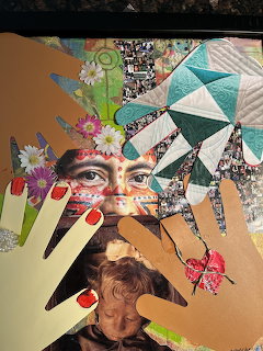 Abstract collage portrait of woman with flowers, geometric patterns, and colorful paper cutouts layered over face