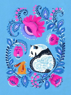 Stylized panda surrounded by pink flowers and blue decorative leaves on a blue background
