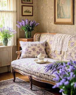 Vintage parlor with floral settee, lavender flowers, framed artwork, and lace curtains in natural light