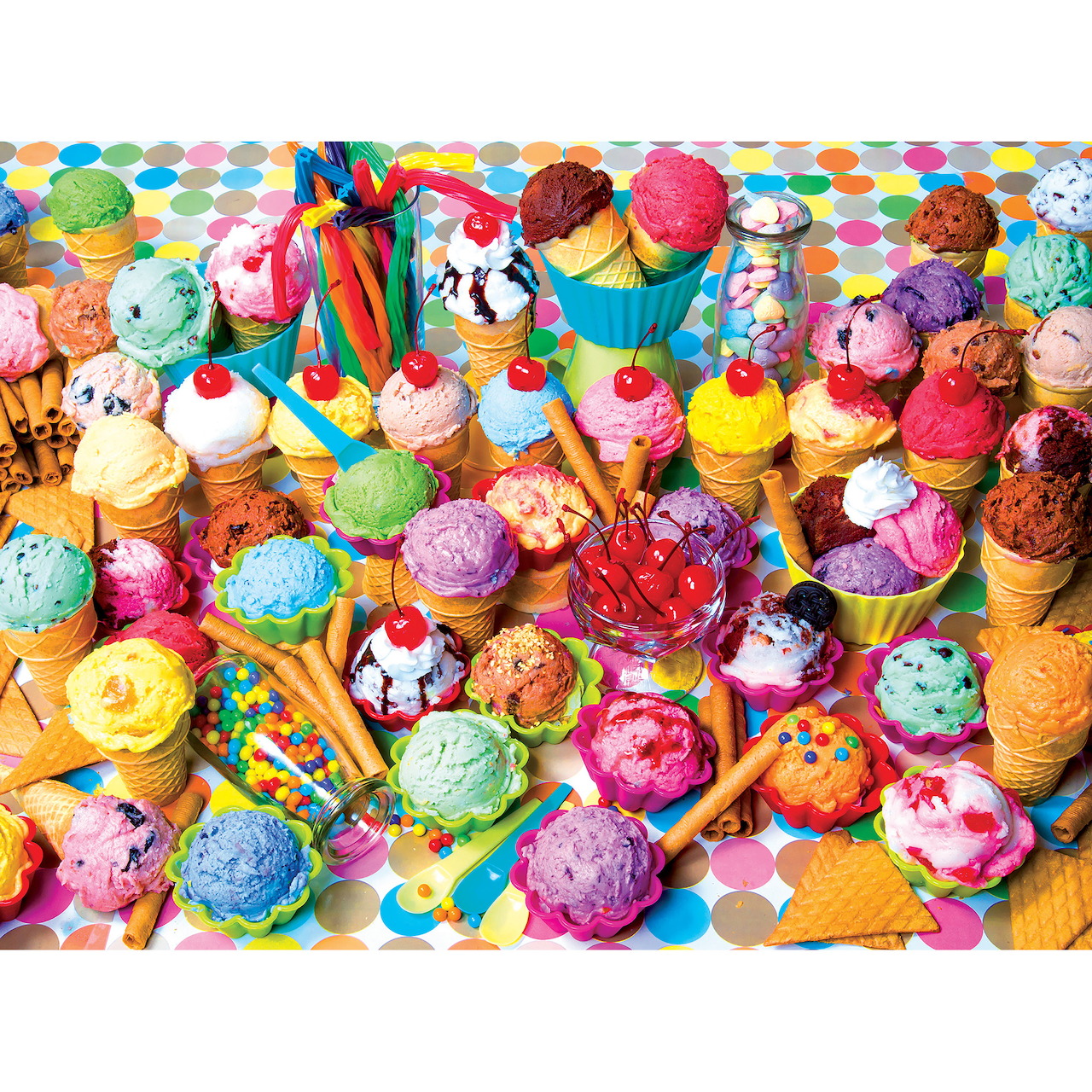 Colorful ice cream scoops in cones with various toppings and sprinkles