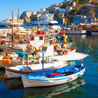 Colorful Greek Harbor Boats