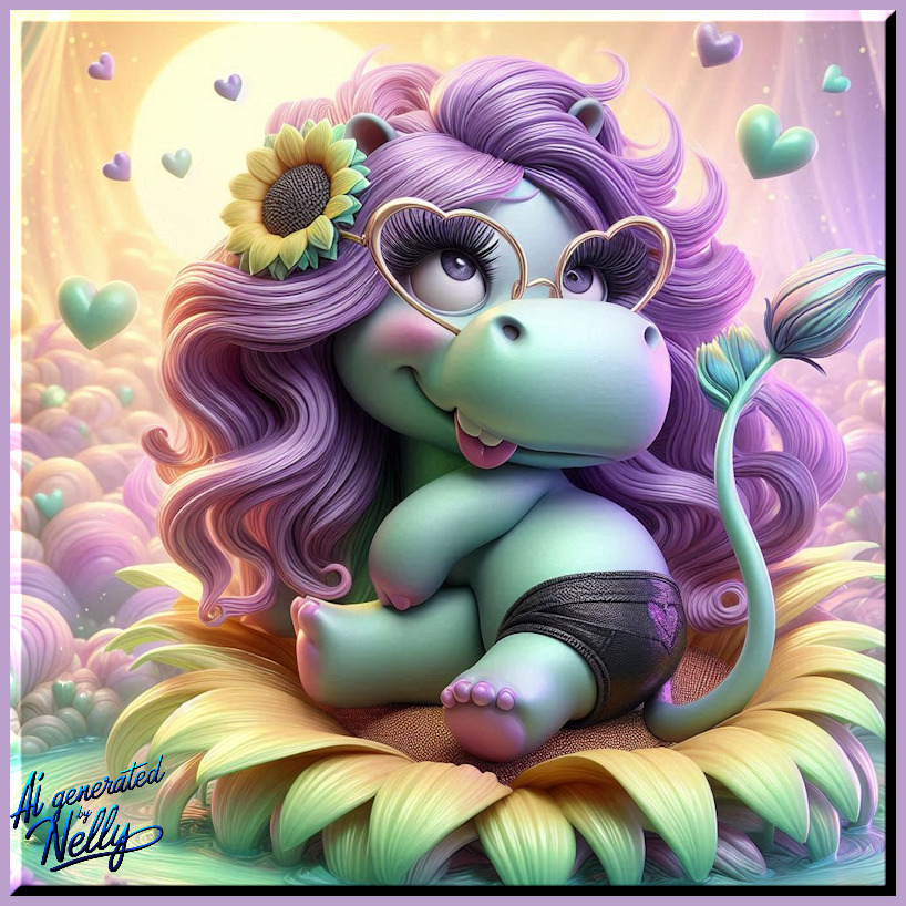 Cartoon hippo with purple mane sitting on yellow sunflower with pastel clouds and floating hearts