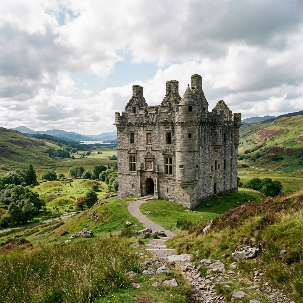 Stone castle in a grassy valley with hills, a winding path, and cloudy sky