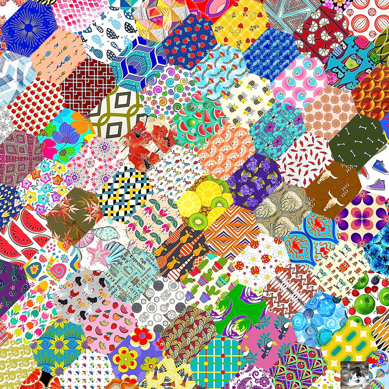Colorful patchwork quilt with diverse patterns in squares including dots, florals, geometrics, and abstract designs