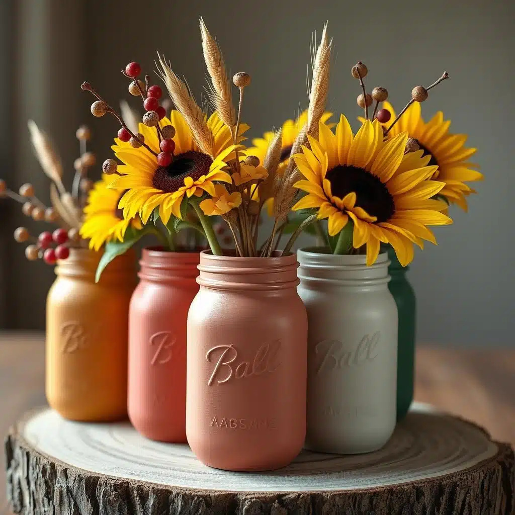 Sunflowers in painted mason jars with fall berries and wheat on wooden tray